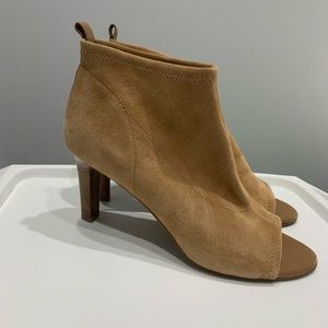 Taryn Rose open toe camel suede booties